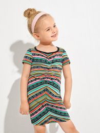 Toddler Girls Chevron And Striped Print Ruched Tee Dress SHE
