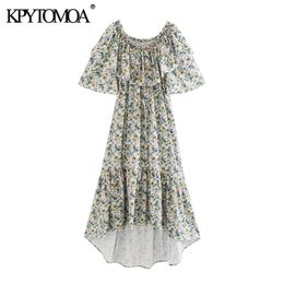 Women Chic Fashion Floral Print Ruffled Midi Dress O Neck Short Sleeve Irregular Female Dresses Vestidos 210420