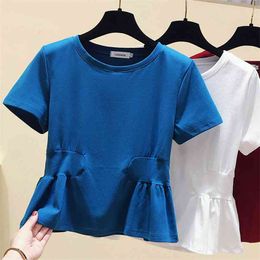 WWENN T Shirt Women Short Sleeve Top White Summer Cotton T-shirt Ruffle Tee Femme Blue Red 210507