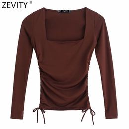 Zevity Women Simply Square Collar Solid Elastic Pleated Short Chic T Shirt Ladies Long Sleeve Casual Slim Crop Tops LS7650 210406