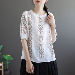 Johnature Spring Embroidery Ruffles Shirts Summer Half Sleeve Retro Cotton Linen Comfortable Women O-neck Tops 210521