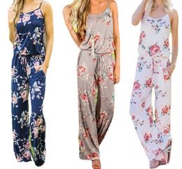 Women Spaghetti Strap Floral Print Romper Jumpsuit Sleeveless Beach Playsuit Boho Summer Jumpsuits Long Pants 3 Colours