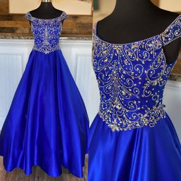 Royal Blue Girl Pageant Dresses 2022 Crystals Baby Girls Dress A-Line Off-Shoulder Little Kids Birthday First Communion Formal Event Wear Gowns Infant Toddler Teens