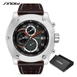 relogio masculino SINOBI New Man Chronograph Wrist watches Calender Waterproof Leather Sports Men's Geneva Military Quartz Clock X0524