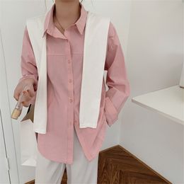 Spring Autumn OL Elegant Minimalist Lapel Shirt Women Blouses Loose Single-breasted Long Sleeve Tops with Shawl 210421