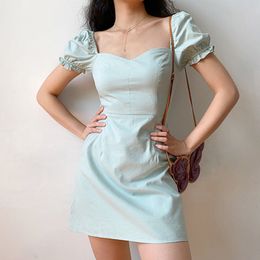 Lucyever Summer Women Square Collar Mini Dresses Elegant Ruffles Short Sleeves Dress Lady Solid Slim Fit Short Dress Woman 210521