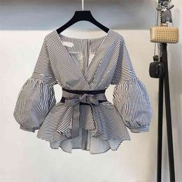 Women Fashion Korean Style Summer Bow V-neck Striped Shirt Elegant Ladies Lantern Sleeve Blouse Tops Female Clothing 210519