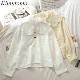 Kimutomo Long Sleeve Blouse Women Chic Peter Pan Collar Hollow Out Buttons All-matching Shirt Spring Elegant Casual 210521