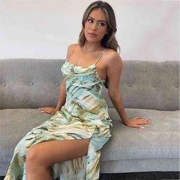 Foridol Tie-dyed Green Slit Long Dress for Women Strap Backless Maxi Summer Boho Dress Long Sleeveless Print Dress Vestidos 210415