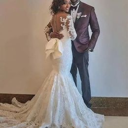 Plus Size Mermaid African Lace Wedding Gowns 2021 Detachable Train Beaded Pearls Nigeria Arabic Overskirt Bridal Dresses With Big Bowknot