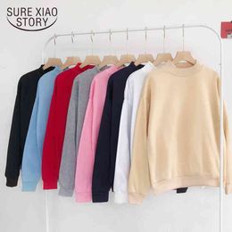 Korean Pullover Girls Clothing Autumn Solid Fleece Sweatshirt Cotton O Neck Casual Plus Size Loose Women Tops 12002 210415