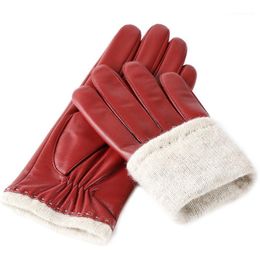-Fünf Fingern Handschuhe Feiqiaosh Neueste Mode Echtes Leder für Frauen 2021 Marke Design Rot Fahren Touchscreen Handschuh Warm Plüsch gefüttert luv