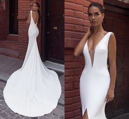 Satin Mermaid Wedding Dresses V-Neck Front Split Bridal Party Gowns Open Back Boho 2021 Robe De Mariage