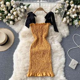 Fashion Bow tied Spaghetti Strap Mini Bodycon Dress Patchwork Folds Pleated Slim Party Chic Women's Summer es 210603