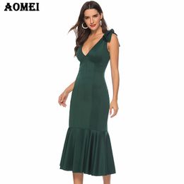 Women Green Dress V Neck Evening Party Ruffles Sexy Dinner Backless Classy Ladies Slim Tunics Elegant Spring Robes 210416