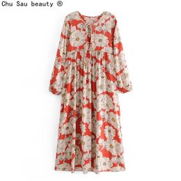 Spring Holiday Style Pullover Long Skirt O-Neck Lace-Up Vintage Flower Print Fringed Long-Sleeve Dress Boho 210514
