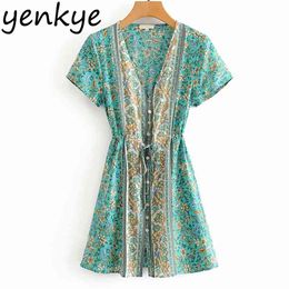 Floral Print Boho Beach Dress Women V Neck Short Sleeve Drawstring Waist A-line Casual Holiday Summer Sundress 210514