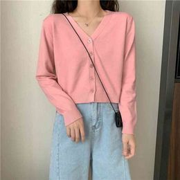 Pink Cardigan Womens Long Sleeve Cropped Sweater Fashion Knitted Womens Clothing Solf V-neck Tops Green 210917