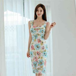 korea Dress for women Summer elegant flower Sleeveless Sling Square Neck Sexy Ladies Office midi Bodycon Lace Dresses 210602