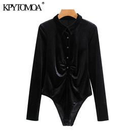 Women Chic Fashion Button-up Pleated Velvet Bodysuits Lapel Collar Long Sleeve Female Playsuits Tops 210420