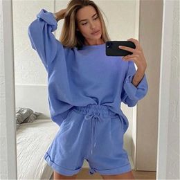 Womens Tracksuits Summmer Autumn Oversize Sweatshirt + Sporting Shorts Sweat Set Casual Two Piece Sets Loose Outfit Suit Y0625