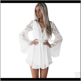 Casual Dresses Womens Clothing Apparel Drop Delivery 2021 Hollow Out Chiffon Sexy Women Mini Dress Criss Cross Bandage Lace Semi-Sheer Plunge