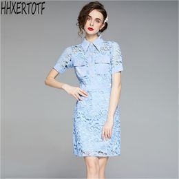 summer Fashion Runway Vintage Dres Short Sleeve Elegant Beaded Buckle Blue Lace Hollow Out Vestidos 210531