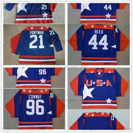 Retro Movie 2017th The Mighty Ducks D2 Team USA Hockey Jerseys Vintage Stitched 96 Charlie Conway 21 Dean Portman 44 Fulton Reed Jersey Blue Embroidery Logos
