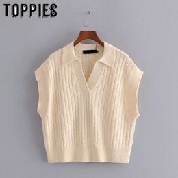 Toppies Nova Cor Bege Mulheres Vest Colete Primavera Malha Outerwear Desligado Collar Sweater Sweater 210412