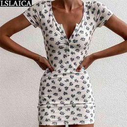 Fashion Short Sleeve Dress for Women Sexy Floral Printing Skinny Deep V Neck Mini Casual Elegant Summer 210515