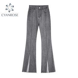 Women's Grey Denim Flare Pants Retro Y2K Hem Split Long Female High Waist Loose Rok Relax Ulzzang Jeans Trousers 210515