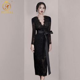 Autumn Temperament Ladies Sexy V-Neck Lace Dresses Women's Long Sleeve Tie Up Split Vestidos 210520