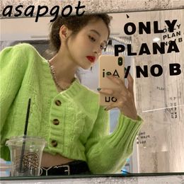 Chic Short Vintage Twist Green V-neck Sweater Cardigan Coat Korean Slim Autumn Long Sleeve Knitted Tops Wild Fashion White Grey 210610