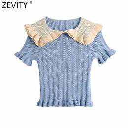 Zevity Women Sweet Ruffles Peter Pan Collar Patchwork Blue Knitting Short Sweater Female Chic Ruched Summer Pullovers Tops SW712 210603