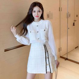 Spring Summer 2 Piece Skirt Set Women Knitting Chiffon Patchwork Shirt Top + A Line Single Breasted Tweed Mini Skirt Suit 210514