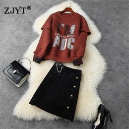 High Street Winter Runway Set Women Elegant Diamonds Space Cotton Hoodies Top and Skirt Suit 2 Piece Outfit Casual Twinset 210601