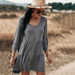 Button Knitted dress for womens summer o neck long sleeve casual holiday style Dress A-Line Solid dress vestidos Full 210514