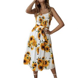 Women Summer Dress Sexy Straps Bohemian Floral Tunic Ladies Beach Dress Women Sundress Pocket Female Party Midi Dresses Vestidos 210416