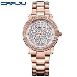 Fashion CRRJU Watch Women Dress Watches Rose gold Full Steel Analogue Quartz Women Ladies Wrist watches 210517