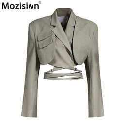 MOZISION Irregular Elegant Blazer For Women Notched Long Sleeves Lace Up Bowknot Blazers Female Spring Fashion Coat 211006