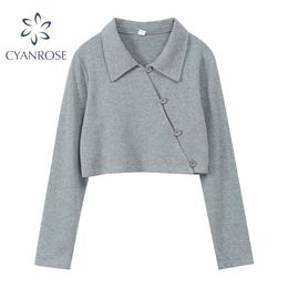 Grey&Black Cropped Cardigan Crop Tees Streetwear Loose Long Sleeve Polo Collar Single Breasted Spring Retro T Shirt Female 210515