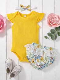 Baby Ruffle Trim Bodysuit & Floral Print Embroidery Mesh Shorts & Headband SHE