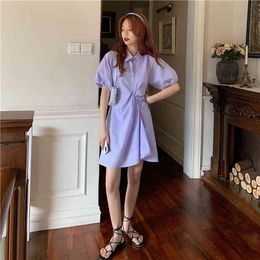 Summer Women's Dress Polo Collar Waist Folding A-line Shirt Skirt Irregular Bubble Short Sleeve Female GX247 210507