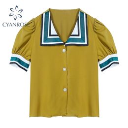 Blouse Women Vintage Sailor Collar Puff Short Sleeve Yellow Summer Ladies Tops Satin Buttons Stripe Blusas Korean Shirt Clothing 210515