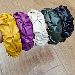 New Fashion Women's Hairband Wide Side Pu Leather Headband Pleated Headwear Casual Solid Turban Adult Hair Accessories