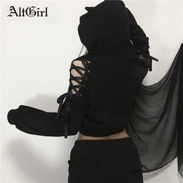 AltGirl Harajuku Dark Black Sweatshirt Women Y2K Devil Cat Ear Lace Up Hoodies Mall Goth Punk Cute Street Loose Pullover Femme X0721