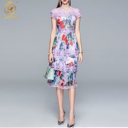 Fashion Designer Women's Summer Dress Ladies Diamond Lace Chiffon Print Patchwork Long Dresses Vestidos 210520
