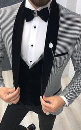 Classic Style One Button Houndstooth Groom Tuxedos Shawl Lapel Wedding/Prom/Dinner Groomsmen Men Suits Blazer (Jacket+Pants+Vest+Tie) W1474