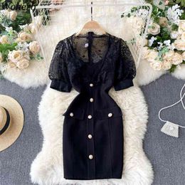 Bodycon Dress Chic Lace Patchwork Mini for Women V-neck Puff Sleeve See Through Vestidos Sexy Black Slim Robe 210519