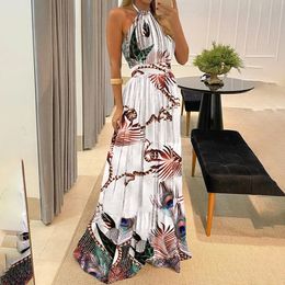 Printed Bohemian Beach Dresses for Women Sleeveless Halter Floor Length Slim Maxi Dress Women 210521